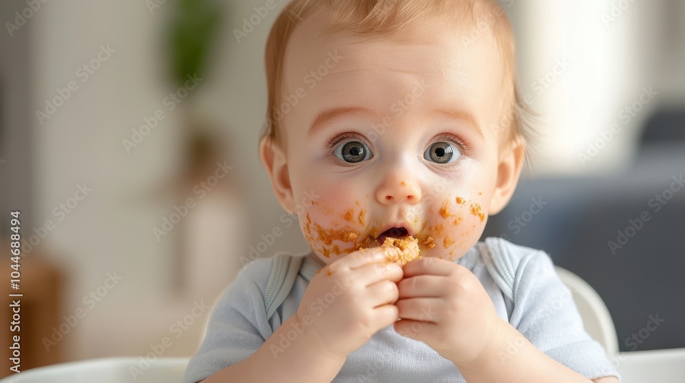 Baby enjoying messy meal with food on face, bright indoor setting. Baby enjoying messy meal with food on face, bright indoor setting.