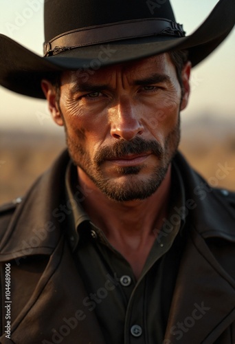 Close up portrait of a Dangerous cowboy western movie personage