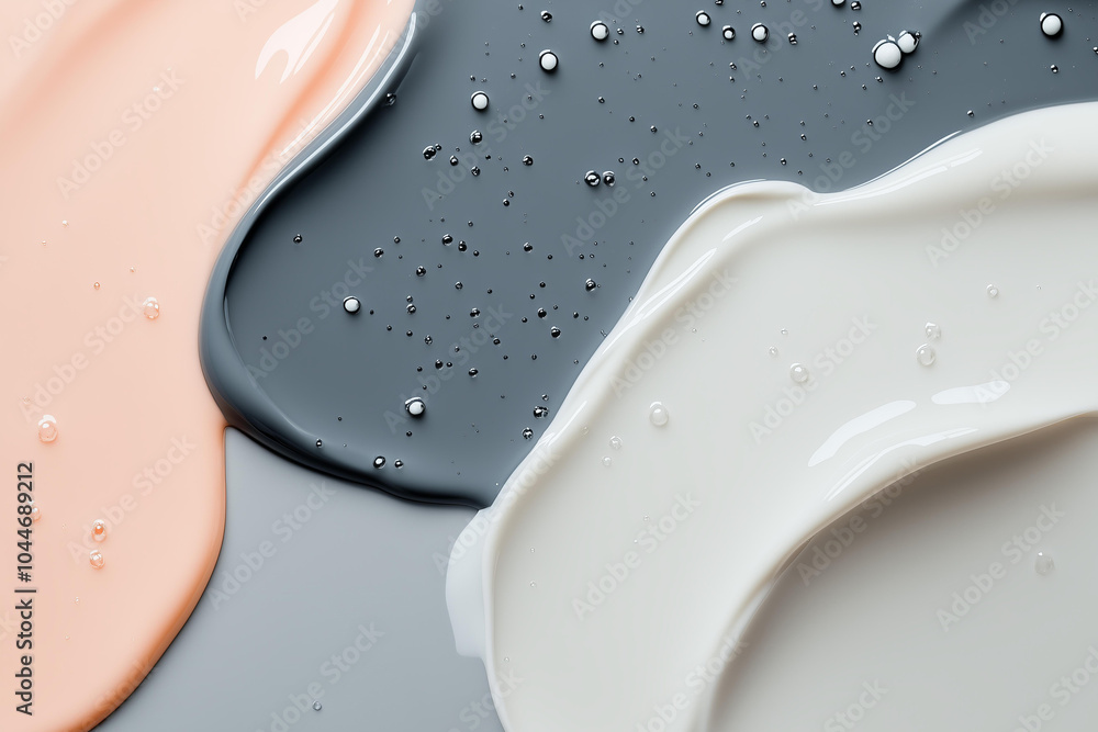 close up of cosmetic products, with different shades and shapes of cream or serum on the surface. The background is grey . close up of cosmetic products, with different shades and shapes of cream or serum on the surface. The background is grey .