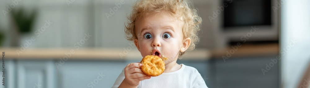 Surprised child enjoying a cookie in a bright kitchen setting. Surprised child enjoying a cookie in a bright kitchen setting.