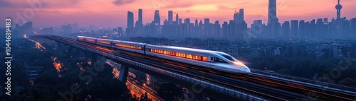 High-Speed Train Gliding Through Urban Landscape at Dusk with City Skyline in the Background