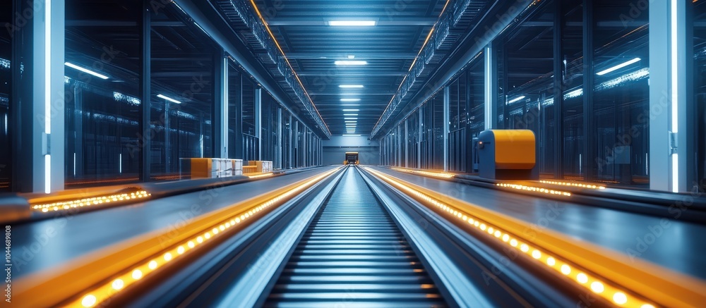 Futuristic Automated Warehouse with Advanced Robotics and Conveyor Systems Illuminated by Neon Lights Futuristic Automated Warehouse with Advanced Robotics and Conveyor Systems Illuminated by Neon Lights