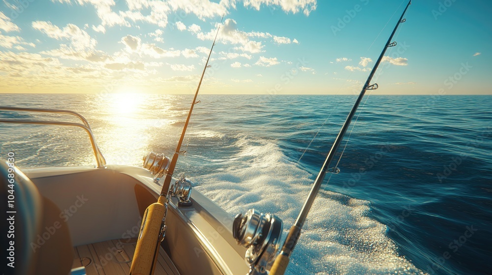 Fishing rods on boat at sunset. Perfect for illustrating the concept of relaxation and hobby. Fishing rods on boat at sunset. Perfect for illustrating the concept of relaxation and hobby.