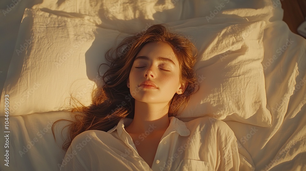A beautiful woman peacefully sleeping on her bed in her bedroom exuding tranquility. A beautiful woman peacefully sleeping on her bed in her bedroom exuding tranquility.