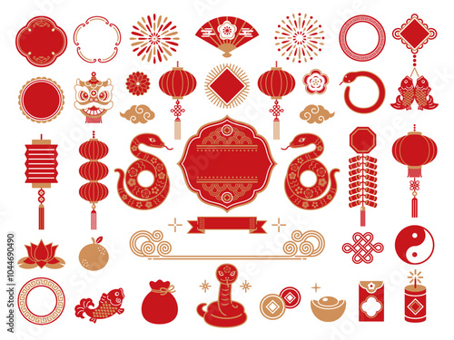 2025 snake and Chinese new year icon set, vector, illustration