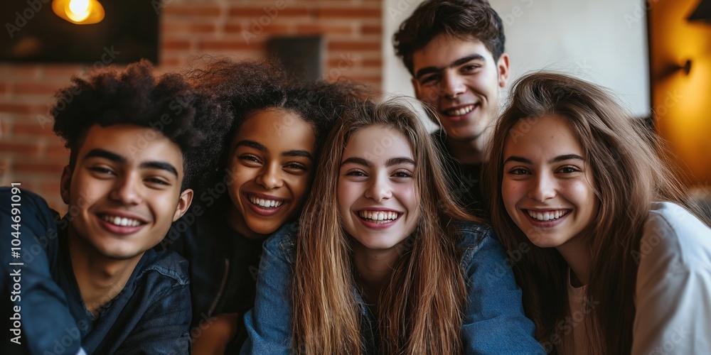 Fototapeta premium A group of young people are smiling and posing for a picture. Scene is happy and friendly