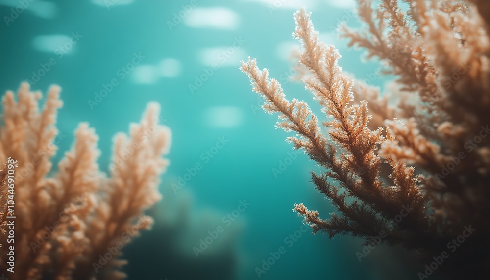 Close-up of delicate, light brown coral branches against a vibrant turquoise underwater backdrop. Close-up of delicate, light brown coral branches against a vibrant turquoise underwater backdrop.