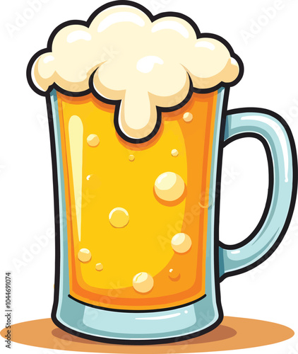 A Full Beer Mug With Frothy Head And Visible Carbonation Of Bubble Flat Illustration