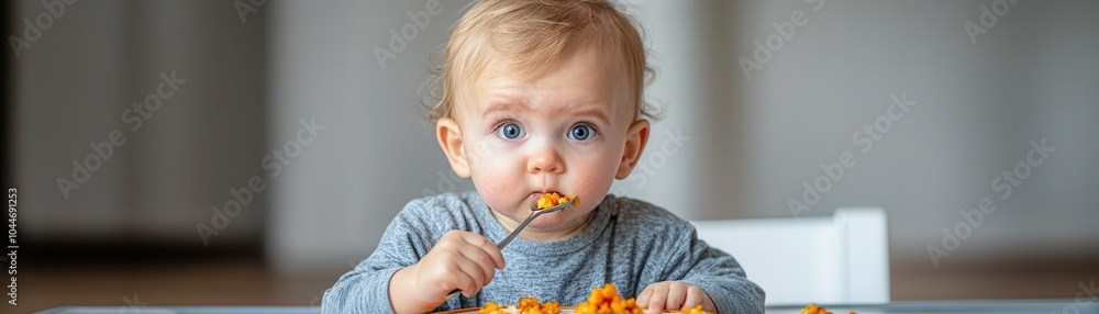 Cute baby enjoying a meal with vibrant food on a wooden table. Cute baby enjoying a meal with vibrant food on a wooden table.