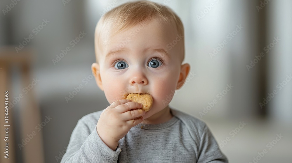 Cute baby enjoying a cookie with a curious expression, softly lit indoor setting. Cute baby enjoying a cookie with a curious expression, softly lit indoor setting.