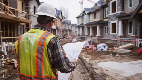 Construction Worker Reviewing Plans at New Home Development