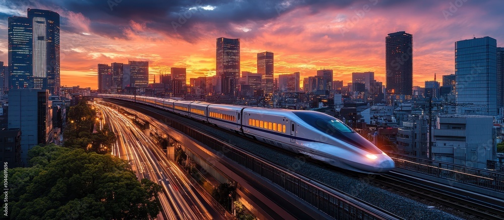 Fototapeta premium High-Speed Bullet Train Passing Through Urban Cityscape at Sunset with Vibrant Skyscrapers and Dramatic Sky