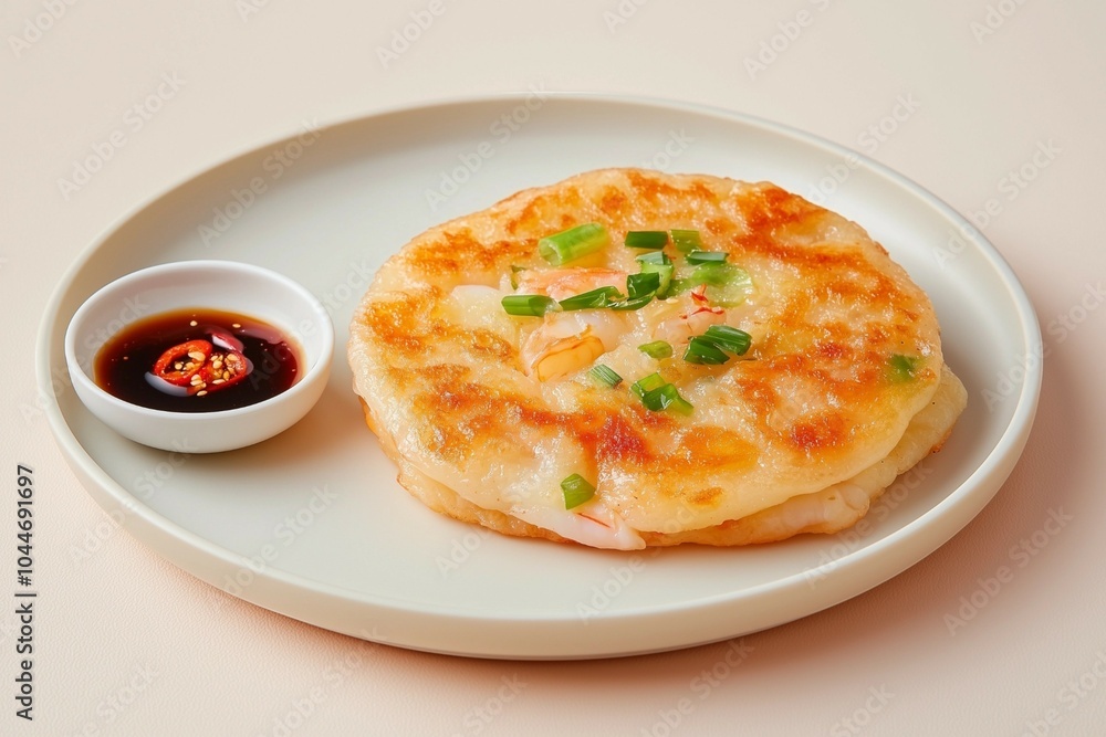 Traditional Korean Shrimp Pancake Served with Soy Dipping Sauce and Garnished with Green Onions Traditional Korean Shrimp Pancake Served with Soy Dipping Sauce and Garnished with Green Onions