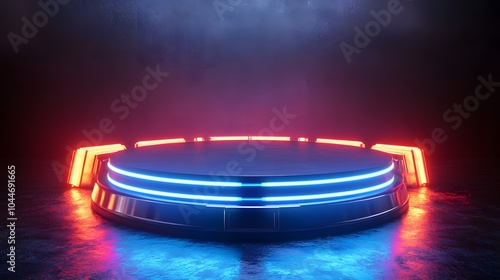 Sci Fi Futuristic Podium. Futuristic Stage neon. 3D rendering. Cyberpunk podium. Futuristic technology podium. tech podium