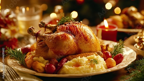 Roast Chicken With Veggies, Mashed Potatoes, and Garnishes on a Festive Table .