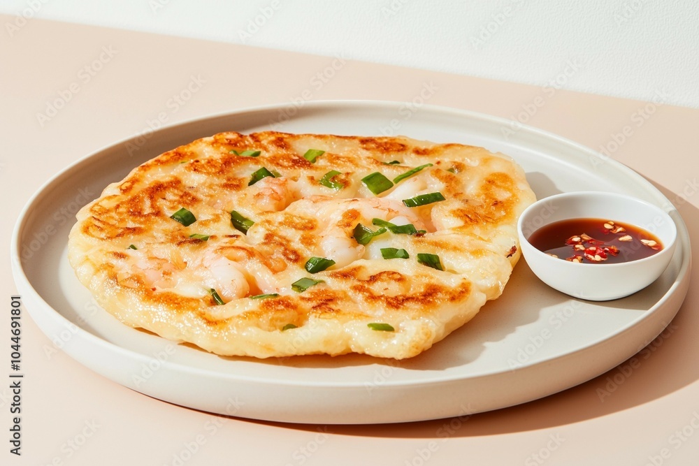 Traditional Korean Shrimp Pancake Served with Soy Dipping Sauce and Garnished with Green Onions Traditional Korean Shrimp Pancake Served with Soy Dipping Sauce and Garnished with Green Onions