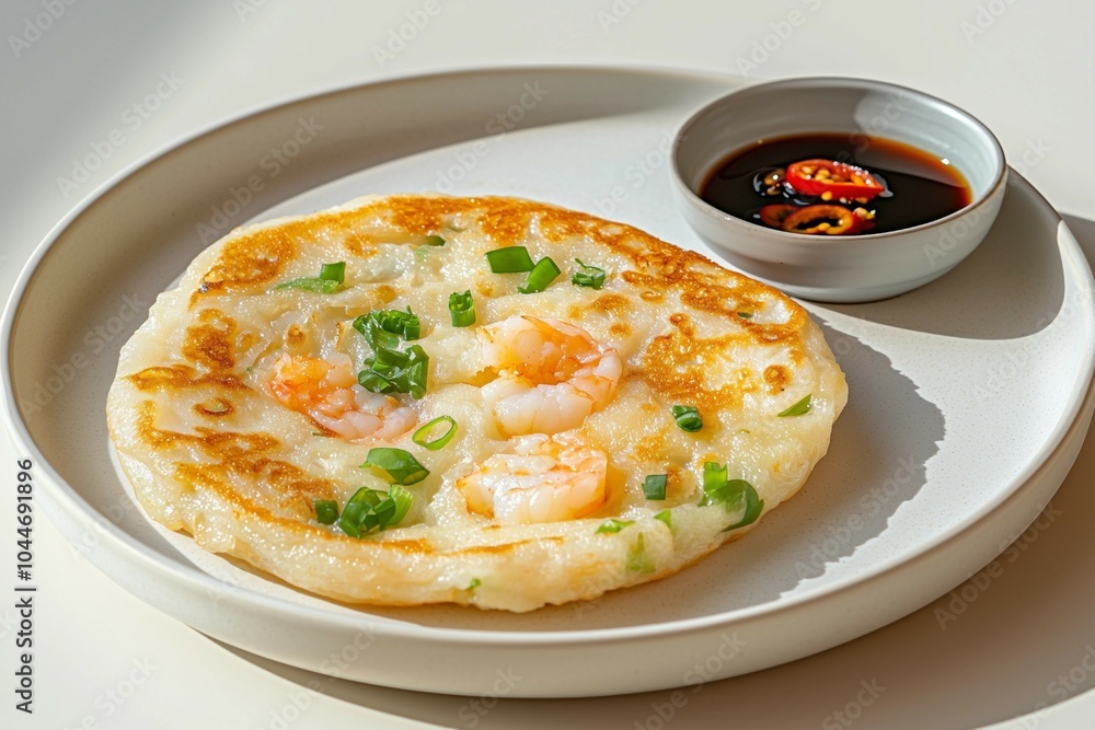 Traditional Korean Shrimp Pancake Served with Soy Dipping Sauce and Garnished with Green Onions Traditional Korean Shrimp Pancake Served with Soy Dipping Sauce and Garnished with Green Onions