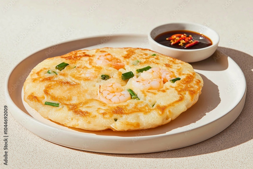 Traditional Korean Shrimp Pancake Served with Soy Dipping Sauce and Garnished with Green Onions Traditional Korean Shrimp Pancake Served with Soy Dipping Sauce and Garnished with Green Onions