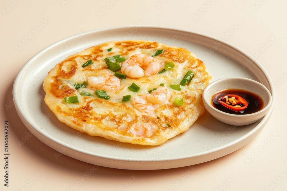 Traditional Korean Shrimp Pancake Served with Soy Dipping Sauce and Garnished with Green Onions Traditional Korean Shrimp Pancake Served with Soy Dipping Sauce and Garnished with Green Onions