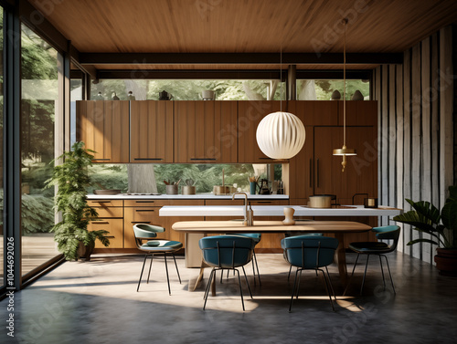 Mid century modern style inspired kitchen with wood panneling. Wood panneling interior. Natural colors interior. Dining area photo