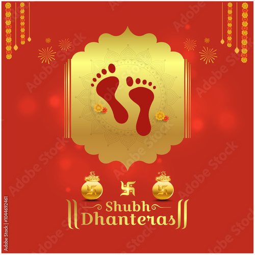 Happy Dhanteras. Goddess Maa Lakshmi Footprints. Social Media Post Design Vector. Indian festival Greeting Card. Gold Pot, Kalash