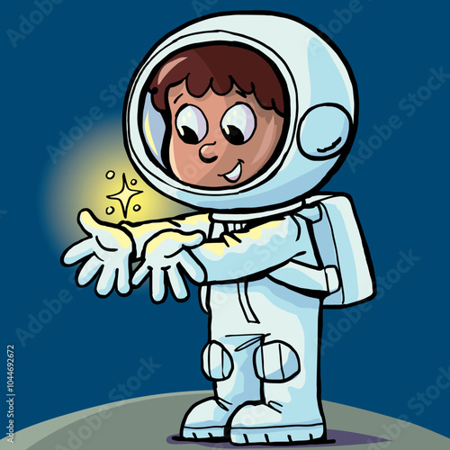 boy astronaut with a particle of light on his palms