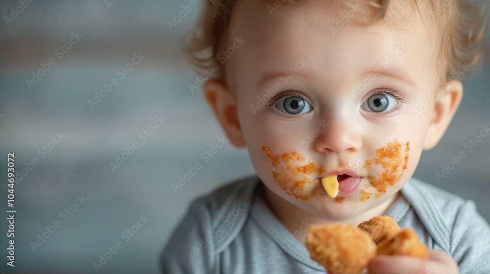 Cute baby enjoying snacks with food on face, natural expression, soft background. Cute baby enjoying snacks with food on face, natural expression, soft background.