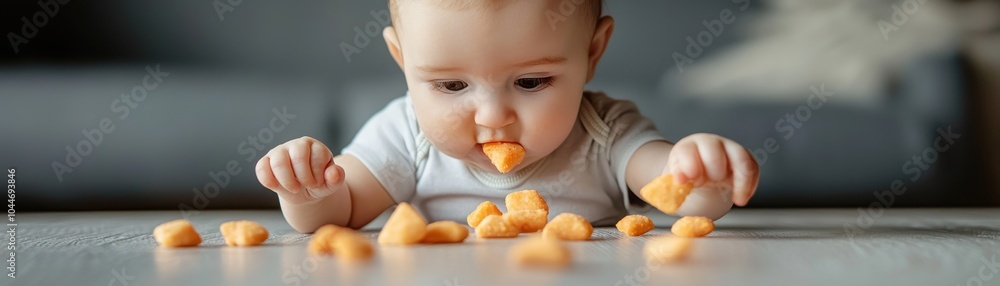Baby playing with snacks on the floor, joyful exploration and discovery. Baby playing with snacks on the floor, joyful exploration and discovery.