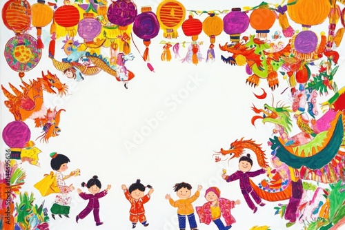 Vibrant Children's Celebration with Lanterns and Dragons