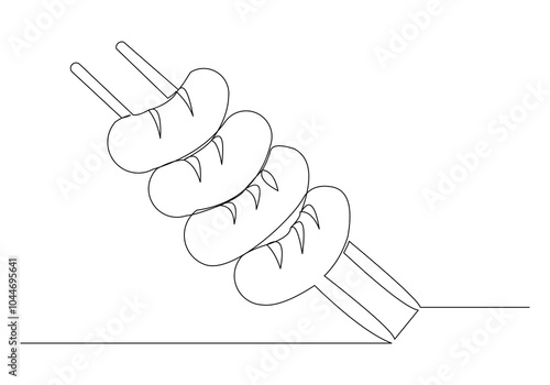 Continuous single line sketch drawing of grilled sausage with fork barbecue bbq spit skewer one line editable vector illustration