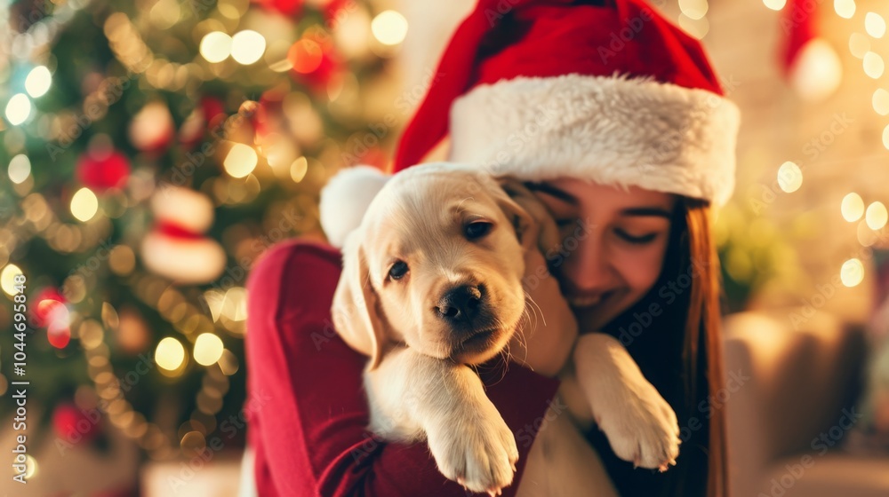 Festive Christmas scene with a joyful woman in a Santa hat tenderly kissing her adorable little dog,studio photography. Festive Christmas scene with a joyful woman in a Santa hat tenderly kissing her adorable little dog,studio photography.