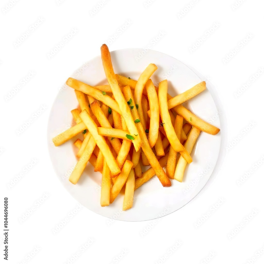 Golden french fries on a white plate, to view, white background Golden french fries on a white plate, to view, white background