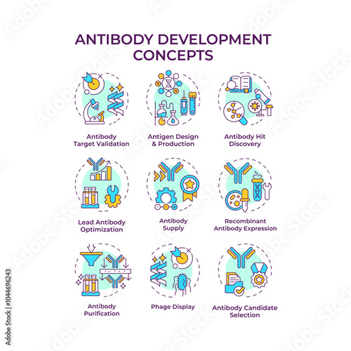 Antibody development multi color concept icons. Biotechnology and immunology. Laboratory research. Precision medicine. Icon pack. Vector images. Round shape illustrations. Abstract idea
