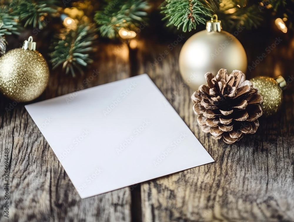 Festive holiday gift card with pinecone and christmas decor on rustic wooden table Festive holiday gift card with pinecone and christmas decor on rustic wooden table