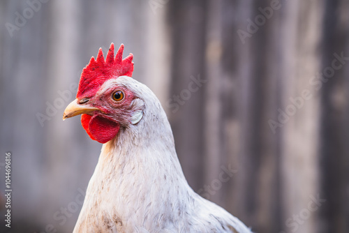 A close-up of a chicken with a vibrant red comb standing outdoors near a rustic wooden fence in the afternoon light photo