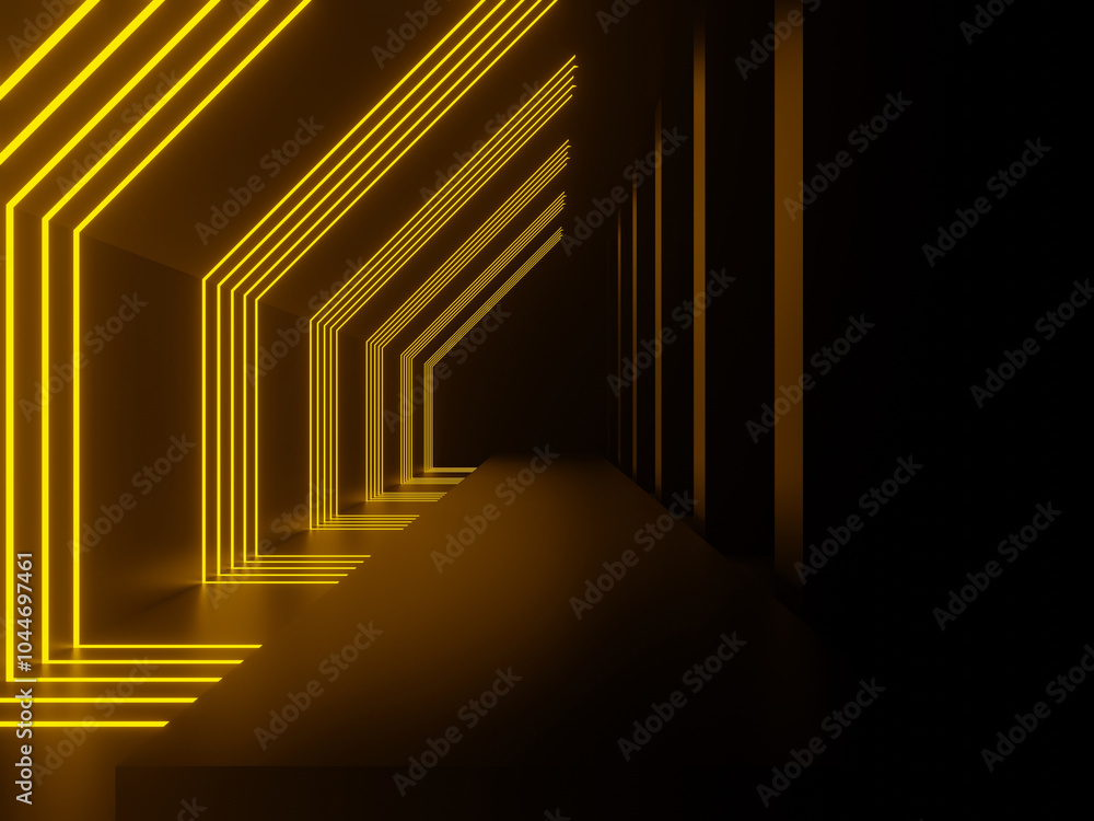 3D Yellow neon tunnel. Black background with yellow neon lights. 3D Yellow neon tunnel. Black background with yellow neon lights.