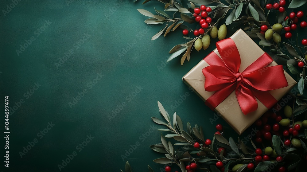 A photo of a gift box with a red ribbon on the right side, next to olive branches and berries on an emerald green background A photo of a gift box with a red ribbon on the right side, next to olive branches and berries on an emerald green background