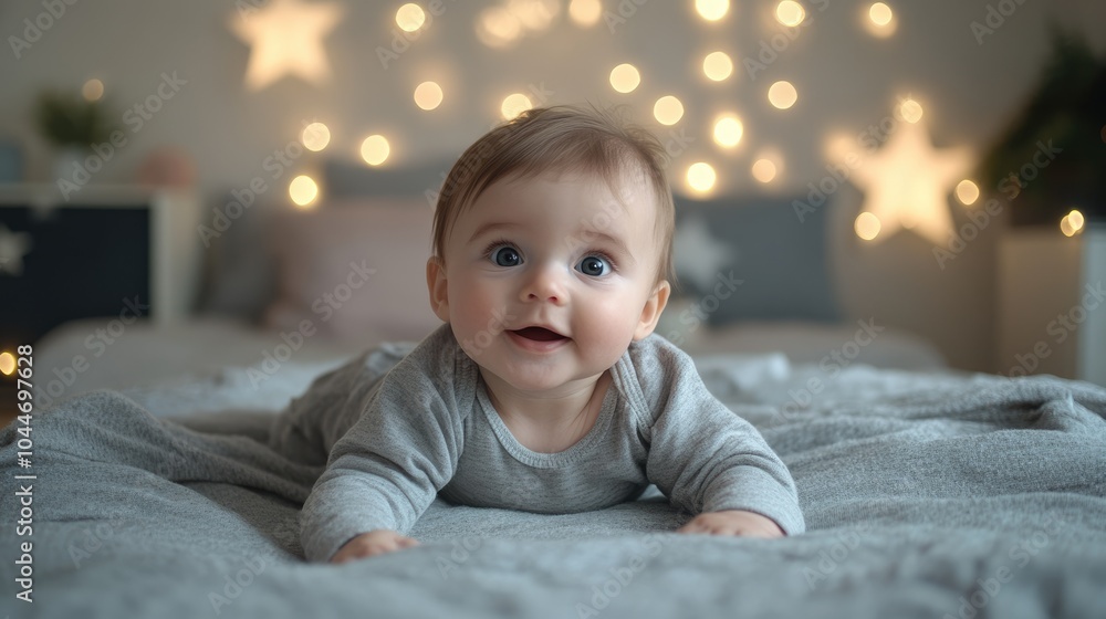 Baby playing on a soft bed in a light-filled room. Simple nursery for babies. Baby playing on a soft bed in a light-filled room. Simple nursery for babies.
