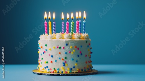 A small birthday cake with colorful candles against a blue background