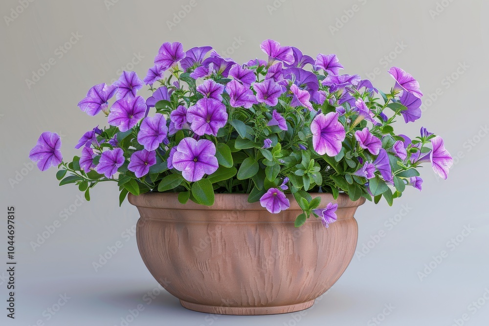 Purple petunias in a terracotta pot against a neutral background Purple petunias in a terracotta pot against a neutral background