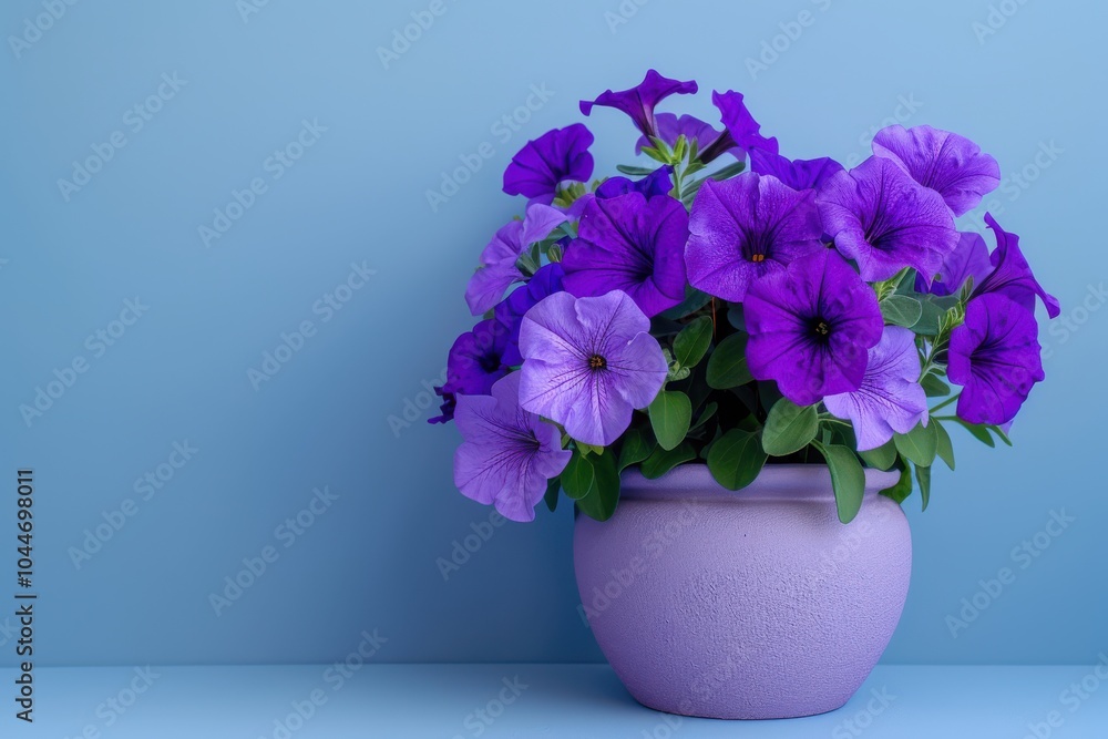 Purple petunias in a lavender pot against a blue background Purple petunias in a lavender pot against a blue background