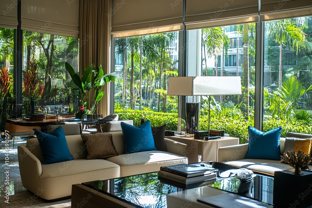 Fototapeta premium Modern Living Room with Tropical View and Luxury Interior Design