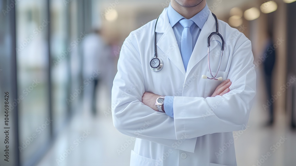 A professional male doctor in a white lab coat with arms crossed, in a hospital corridor. A professional male doctor in a white lab coat with arms crossed, in a hospital corridor.