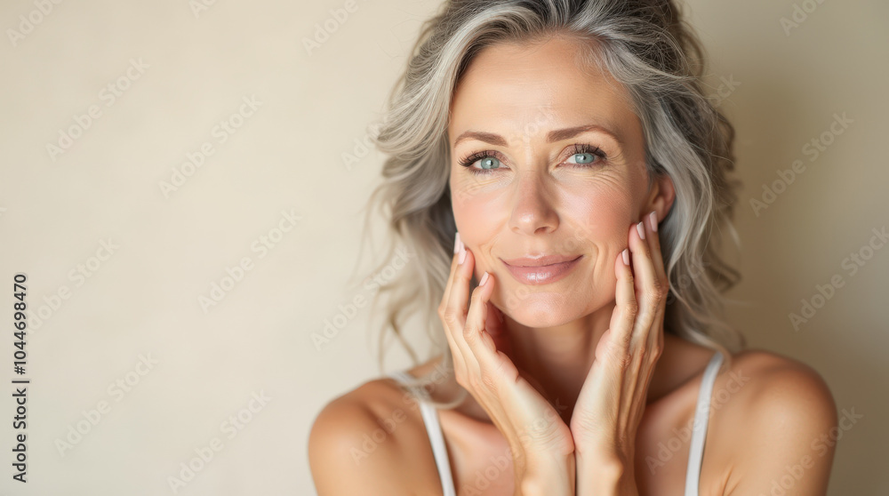 Natural Beauty Portrait of Mature and Middle-Aged Woman in Elegant Studio Lighting for Skincare and Anti-Aging Product Advertisements Natural Beauty Portrait of Mature and Middle-Aged Woman in Elegant Studio Lighting for Skincare and Anti-Aging Product Advertisements