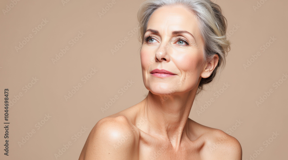 Natural Beauty Portrait of Mature and Middle-Aged Woman in Elegant Studio Lighting for Skincare and Anti-Aging Product Advertisements Natural Beauty Portrait of Mature and Middle-Aged Woman in Elegant Studio Lighting for Skincare and Anti-Aging Product Advertisements
