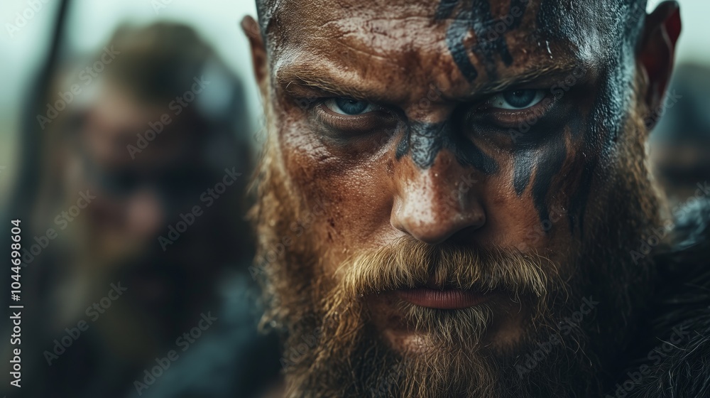 Cinematic shot of an army of vikings with long hair and beards wearing metal helmets holding round shields on the left side Cinematic shot of an army of vikings with long hair and beards wearing metal helmets holding round shields on the left side