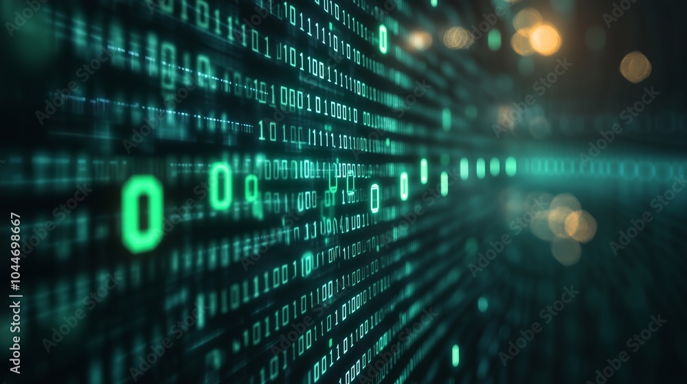 Digital background featuring green binary code, creating an atmosphere of data technology and software development Digital background featuring green binary code, creating an atmosphere of data technology and software development