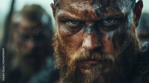 Cinematic shot of an army of vikings with long hair and beards wearing metal helmets holding round shields on the left side