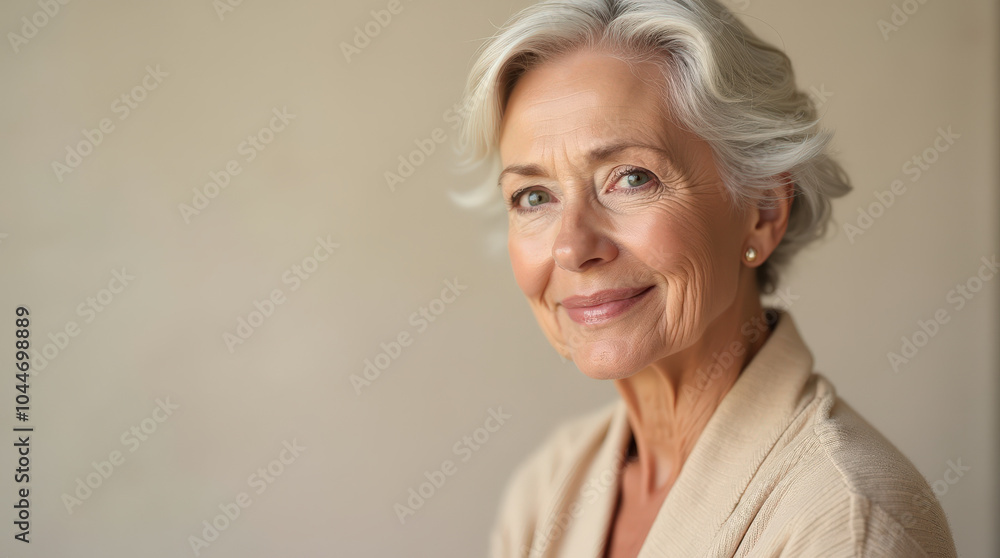 Natural Beauty Portrait of Mature and Middle-Aged Woman in Elegant Studio Lighting for Skincare and Anti-Aging Product Advertisements Natural Beauty Portrait of Mature and Middle-Aged Woman in Elegant Studio Lighting for Skincare and Anti-Aging Product Advertisements
