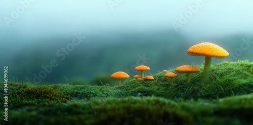 Wallpaper Mural Tiny mushrooms dot a mossy landscape, shrouded in early morning mist, creating a serene, enchanting scene. Torontodigital.ca
